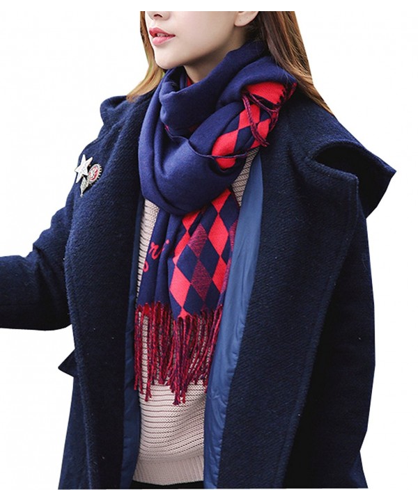 Wander Agio Womens Scarfs Winter Shawls Blanket Scarves Warm Plaid Tassels Scarf - Diamond Red Blue - CX186YHLKUS