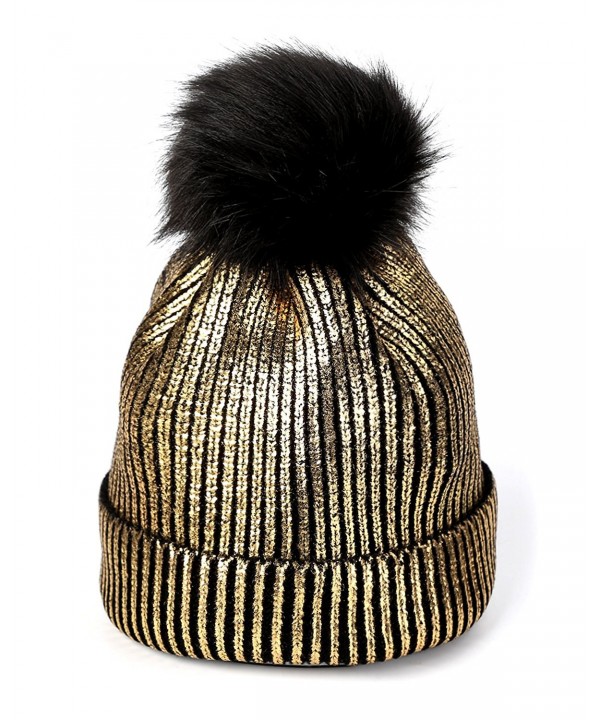 FADA Warm Chunky Soft Cable Knit Slouchy Beanie Pom Pom Skull Hats Shinny Punk Caps - golden - CL188MUH5L0