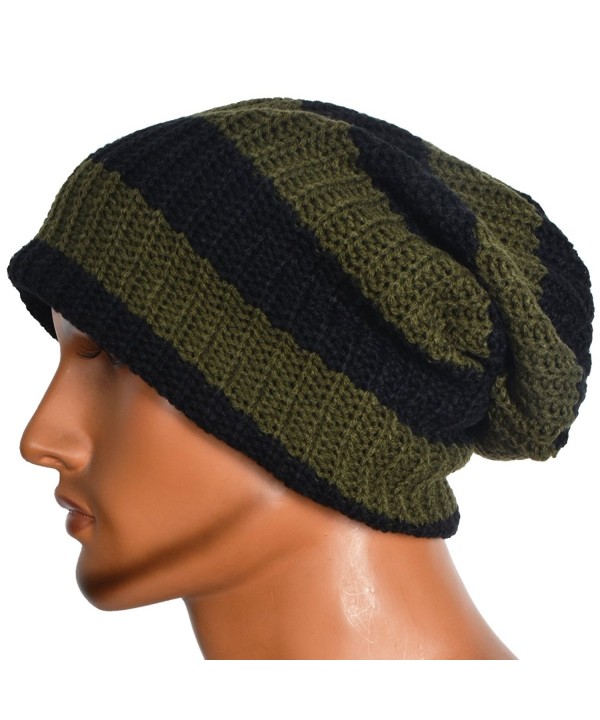 Men's Lined Beanie Slouch Skull Knit Large Baggy Cap Ski Winter Hat - Green - CU12MEFAW6B