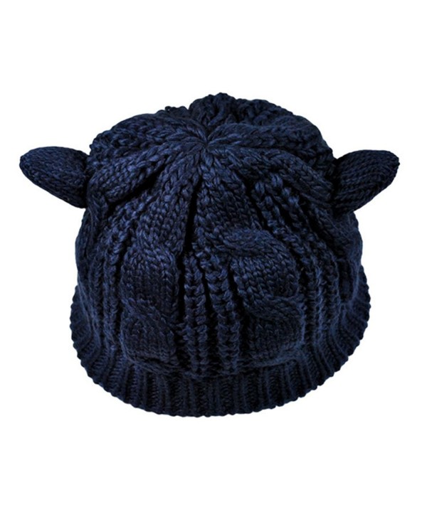 Cutecat Womens Winter Beret Cat Ear Knitted Warm Cap Woolen Hat - Dark Blue - CJ12O14HBLN