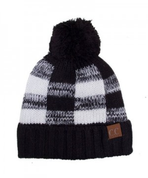 ScarvesMe CC Buffalo Check Pattern Knitted Beanie Hat with Pom Pom - Black/Ivory - C9186WG7IKQ