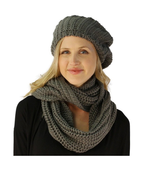 Ladies 2pc Winter Knit Beret Tam Beaniel Hat Long Infinity Scarf Solid Set - Gray - CY11P5F9M3D