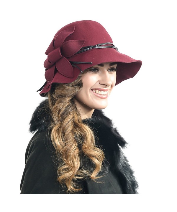 Fanny Lady's Floral Wool Felt Cloche Wide Brim Winter Hat - Claret - C71285W6ZGJ