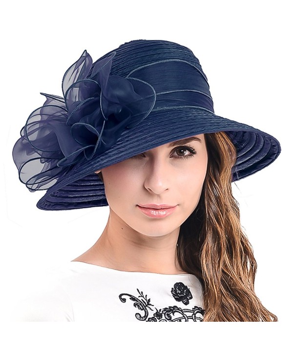 FORBUSITE Ascot Kentucky Derby Bowler Church Cloche Hat Bowknot Organza Bridal Dress Cap S051 - Navy - CT12F2NEVBZ