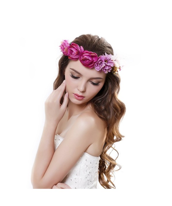 Beautiful Women Rose Flower Crown Garland Headband with Adjustable Ribbon - Purple - CJ12GGQF0V7