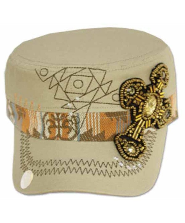 Sakkas Women's Aztec Beaded Cross Cadet Cap - Khaki - CU11E4596KT