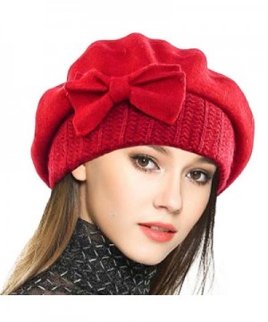 VECRY Lady French Beret 100% Wool Beret Floral Dress Beanie Winter Hat - Bow-red - CB1862LDL24
