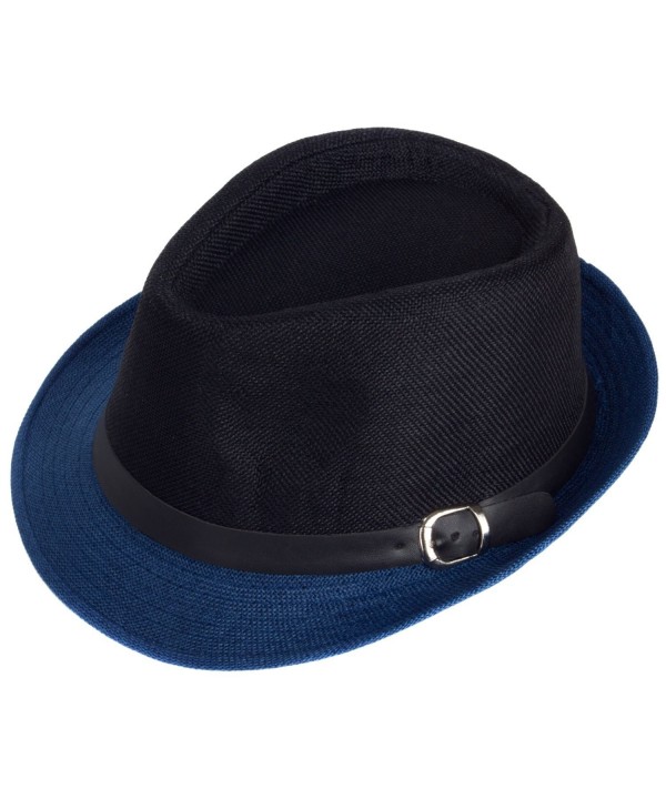 Men Women Short Brim Sunblock Summer Fedora Straw Hat With Manhattan Style - Black-Blue - CW12GZ7O0CR