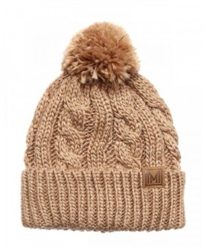 MIRMARU Winter Oversized Cable Knitted Pom Pom Beanie Hat with Fleece Lining. - Khaki - C8186MM29DN