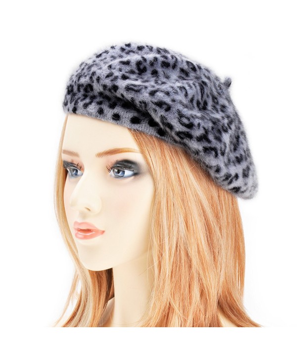 Womens Rabbit Fur French Beret Hat Leopard Print by ZLYC - Gray - CA11PWM6IIB