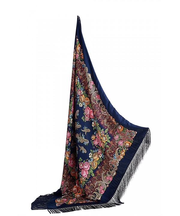 Ladies Oversized Tassel Shawl Ukrainian Polish Russian Floral Scarf 51" x 51" - Dark Sea Blue - CL17YLKZIGE