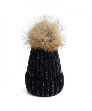 Lawliet Lady Rhinestone Bling Fur Pom Pom Knit Snow Beanie Ski Hat Skull Cap A391 - All Black - C61895G590Z
