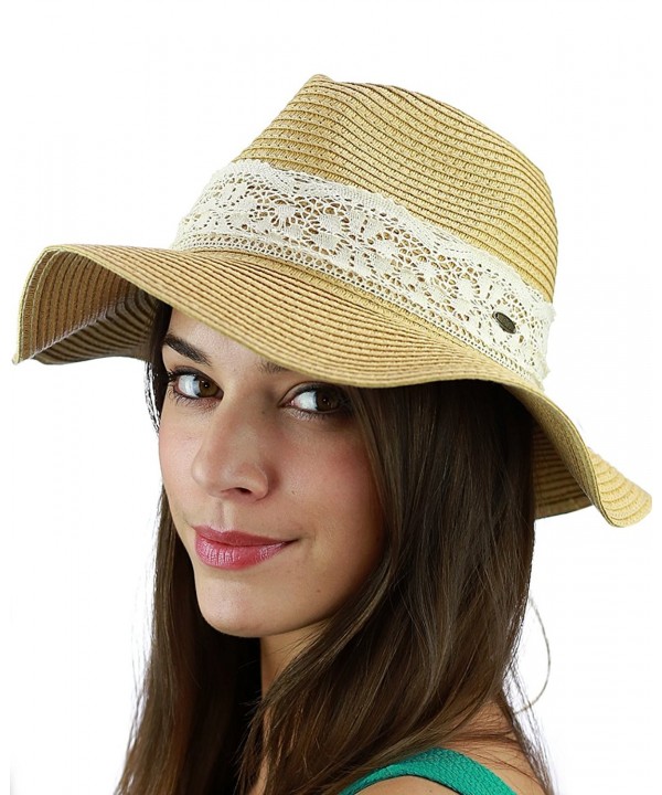 C.C Women's Paper Woven Panama Sun Beach Hat with Lace Trim- Natural - C117YNREUKU