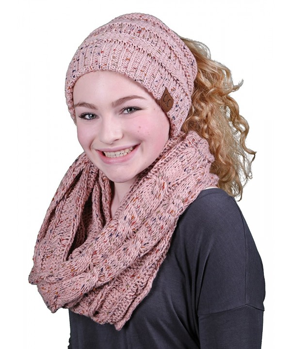 Funky Junque CC Messy Bun BeanieTail Bundled w Matching Infinity Scarf - A Confetti Indi Pink Design - C9188AX5KOK