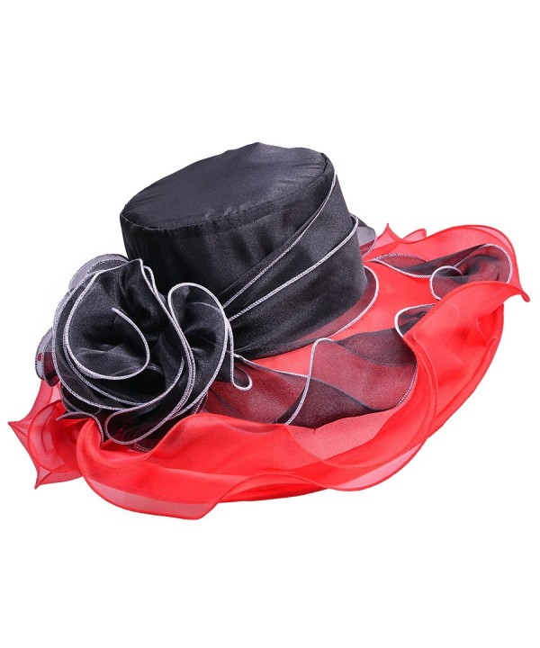 Lawliet Women Kentucky Derby Wide Brim Organza Hat Two-Tone Sun Hat A405 - Black Top With Red Trim - CM12O5M8SLY