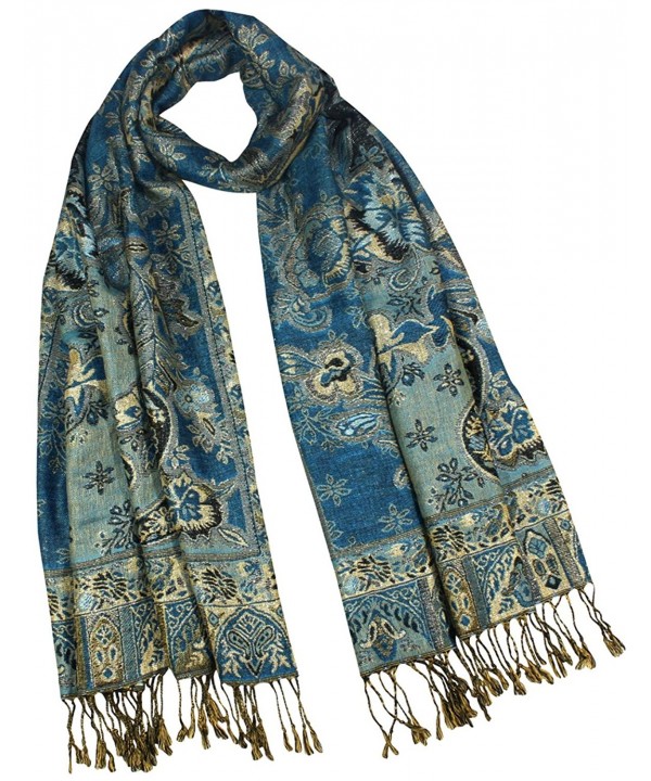 Rayon Metallic Paisley Flower Garden Two-Sided Reversible Scarf - Teal Blue - CO115O7Y8W7