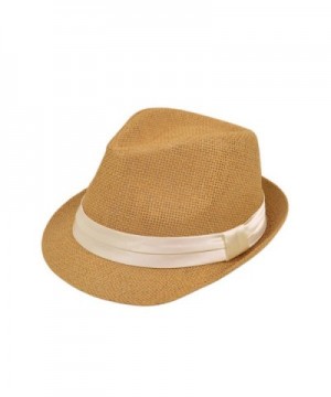 Classic Tan Fedora Straw Hat with Ribbon Band - Diff Color Band Avail - Cream Band - C311LGBBZ5D