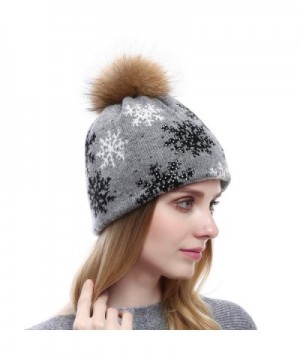 Vemolla Women Knitted Wool Beanie Hat With Large Raccoon Fur Pompom-Christmas Crystal Patterns - Lightgrey - CH186H9845C