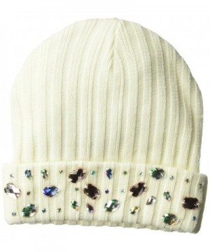 D&Y Women's Rib Knit Cuff Beanie With Jewels- Ivory- One Size - CB186ER34WN