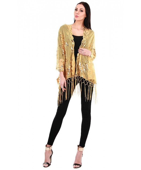 Sheer Mesh Flower Sequin Evening Wrap Shawl w/ Fringe for Prom Wedding Formal - Gold - CO12FZVCVST