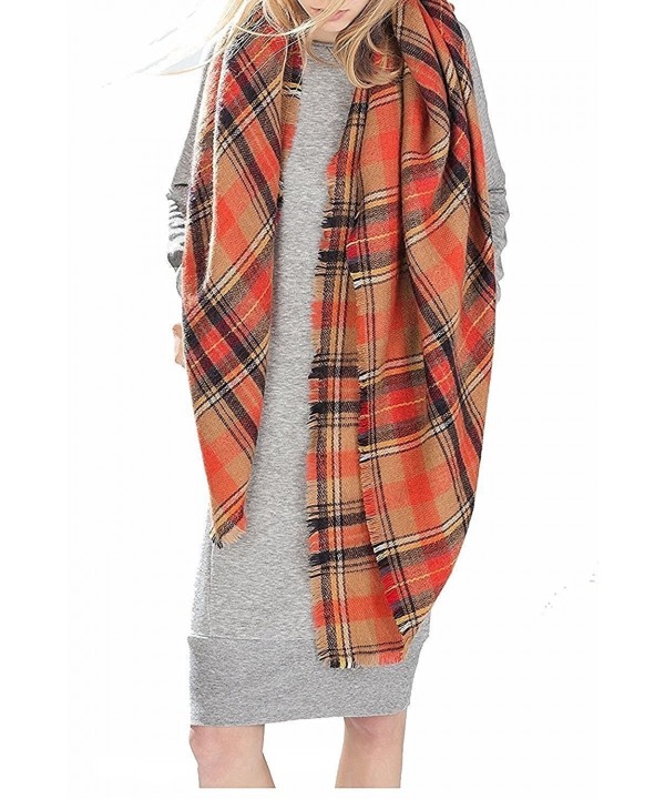 Achillea Women's Oversized Tartan Plaid Check Blanket Scarf Large Square Winter Warm Shawl Wrap - Camel Orange - CG186WCHUE3