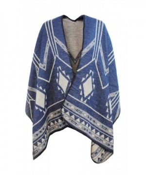 Day Wrap Knitted Poncho & Winter Scarf in 1 for Women w/ Overlocked Seams - Blue/Beige - CG189D9LWTG