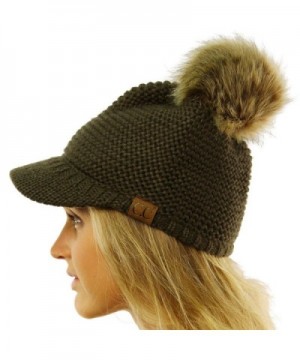 CC Fur Pom Pom Visor Bill UV Sun Thick Stretchy Knit Beanie Skully Cap Hat - Olive - CP12KAN19OD