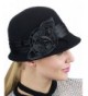 NYFASHION101 Women's Satin Band Flower Accent Wool Felt Bucket Cloche Hat - Black - CZ11Q2S207R