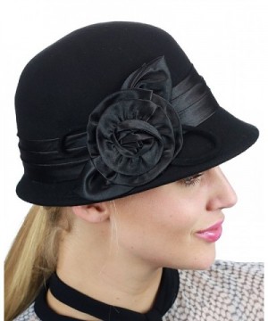 NYFASHION101 Women's Satin Band Flower Accent Wool Felt Bucket Cloche Hat - Black - CZ11Q2S207R