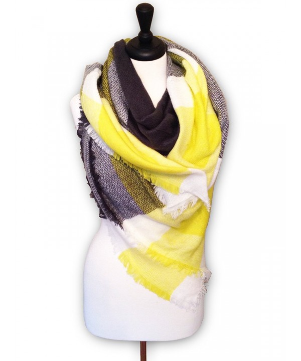 KnitPopShop Blanket Scarf Striped Oversized Plaid Tartan Scarves - Yellow and Black - CB186QN54DR