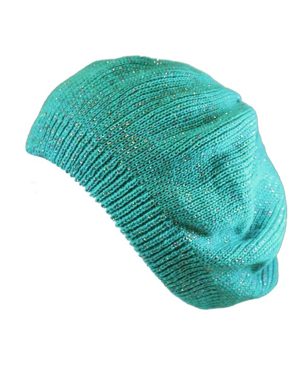 Morehats Women's Warm Metallic Stripe Knit Beret Hat - Teal - CF11LGXY20L