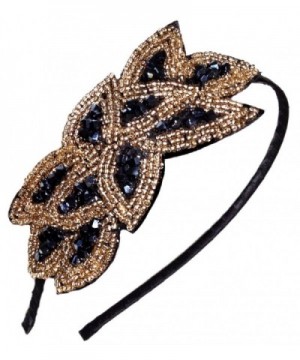 Beaded Flapper Headband Leaf Vintage 1920s Inspired Hairband Hair Accessory- Black Gold - CO110RCT12V