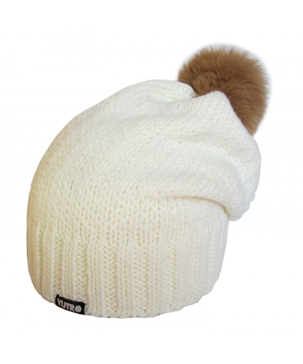 YUTRO Women's Wool Slouchy Fleece Lined Winter Beanie Hat with Rabbit Pom - White - CG11QYGIC4R