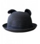 Women's Cute Cat Ear Round Top Bowler Straw Sun UV Summer Beach Roll-up Hat Cap - Black - CH12FK8AICR