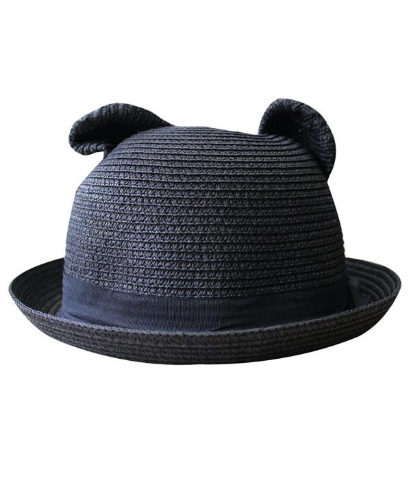 Women's Cute Cat Ear Round Top Bowler Straw Sun UV Summer Beach Roll-up Hat Cap - Black - CH12FK8AICR