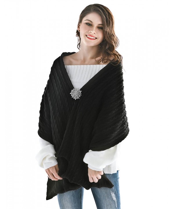 Aukmla Women's Knitted Scarf Pashminas and Shawls Poncho with Brooch - Black - CE186T0H6RL