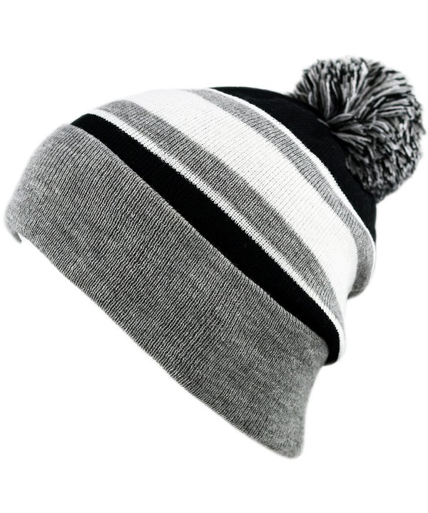 THE HAT DEPOT Winter Soft Unisex Pom Pom Stripe Knit Beanie Skull Slouch Hat - Grey/Black - C2127Y5JDJJ