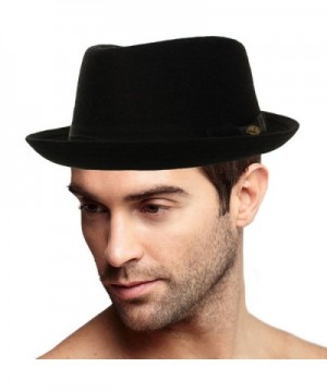 Men's Winter 100% Wool Porkpie Derby Fedora Trilby Ribbon Solid Hat - Black - CX1863S2AAZ