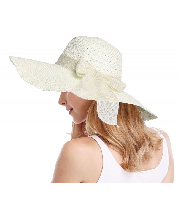 Bienvenu Women Large Brim Straw Beach Sun Floppy Hat - Ivory - C311YCXWMKT
