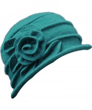 Ababalaya Women's 1920s Vintage 100% Wool Flower Cloche Bucket Bowler Hat Derby Hat - Turquoise - CW1895DYSYL
