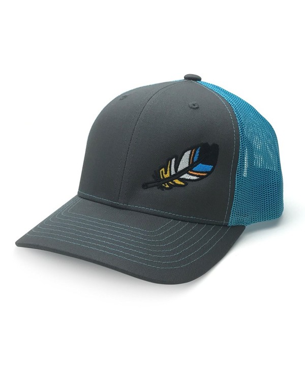 WUE The Outdoors Spirit Feather Trucker Hat - Charcoal/Neon Blue - CJ18703LIE3