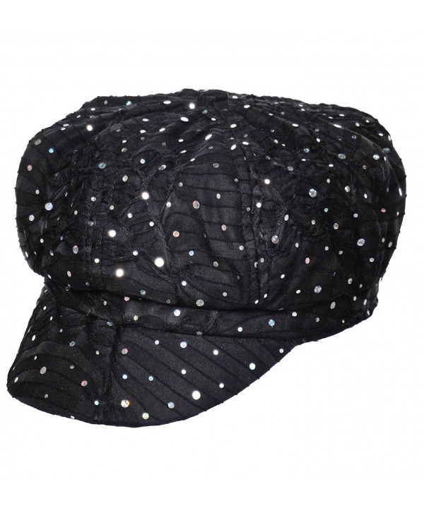 Turban Plus Womens Soft Sequin newsboy Chemo Hat With Stretch Band- Fitted- For Cancer Hair Loss - 02- Black - CX11BHBSTSN