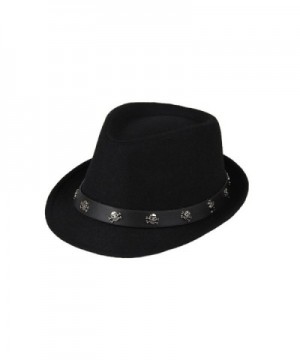 Dantiya Mens Roll Brim Wool Felt Jazz Hat Cap with Skull Belt - Black - CV12NG0RMZZ