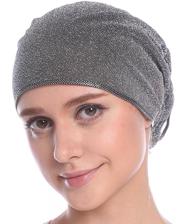 Ababalaya Women's Elegant Strench Gold Glitter Flower Muslim Turban Chemo Cap - Silver - CM17Z7CO5G9