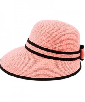 Straw Packable Sun Hat with Black Sash- Wide Front Brim and Smaller Back - A Pink - CF182HDXQH2