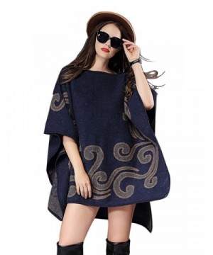 Saikey Womes Poncho Shawl Wraps Pullovers Jacquard Cape Plus Size Sweater Batwing Coat Cloak - Navy Blue - CX12N2SUSP5