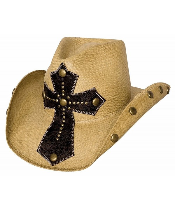 Bullhide "No Mercy" Panama Straw Western Hat with Leather Cross and Studded Brim - Pecan - CR116PAXMY1