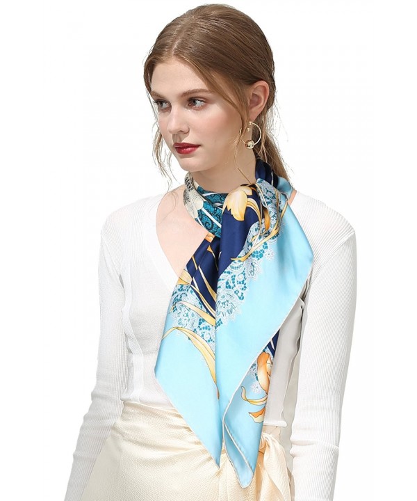 OSCAR ROSSA 100% Silk Scarf- 35"x35"Large Square Printed Silk Twill Scarf - To Iris- Blue - C5185IUKCOX