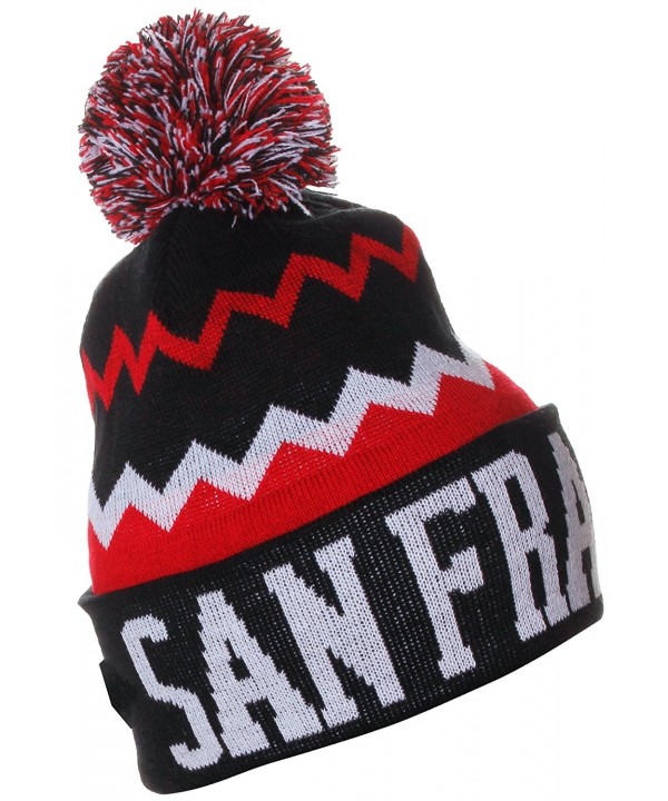 American Cities USA Chevron Zig Zags Pom Pom Knit Hat Beanie - San Francisco Black Red - C0128XUQGIP