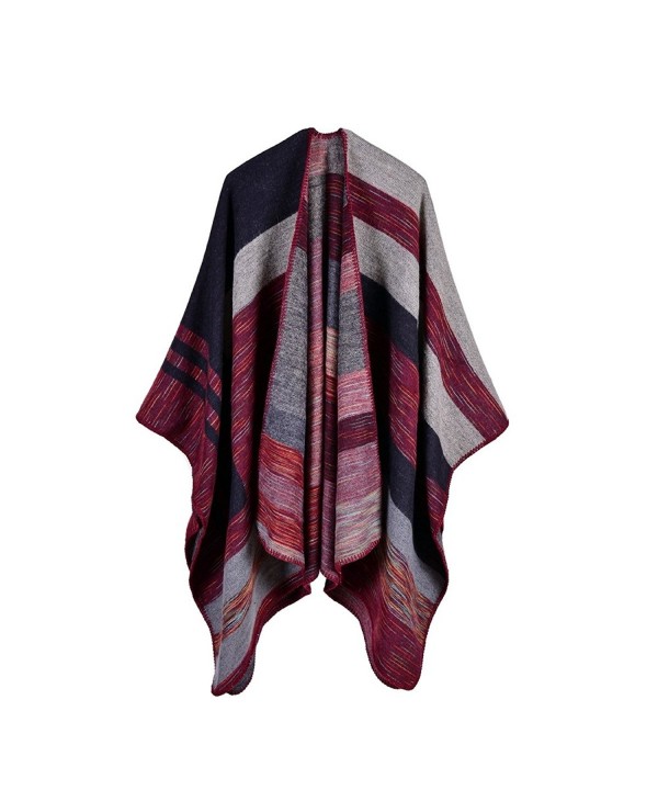Kool Classic Women Winter Knitted Cashmere Poncho Capes Shawl Cardigans Sweater Coat - Style 5 Wine Red - C91876ZU362